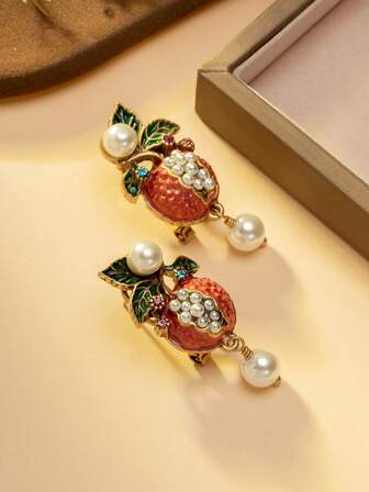 Vintage emaljörhängen med granatäpple och pärlor - örhängen i fruktform i europeiska och amerikanska pastorala stil, lämpliga för fest och högtider