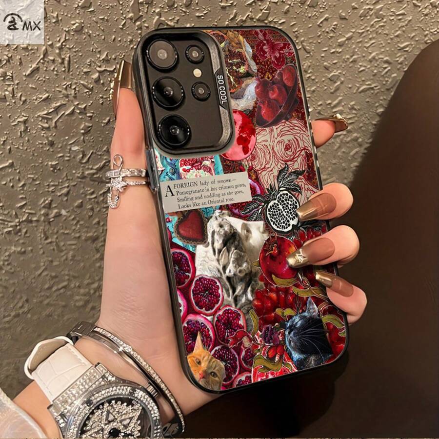 Funda de collage de granada y gato para Samsung Galaxy S25ULTRA, S24PLUS, S23FE, S21PRO, S22, S20+, A03S, A05S, A14, A31, A53, A34, A10, A04E, M04, A33, A35, A55, A72, A71, A70, A22, A16, A06, A20S, A54, anti-suciedad, a la moda, moderna, colorida, plateada IMD - Colores mixtos - Ver 1
