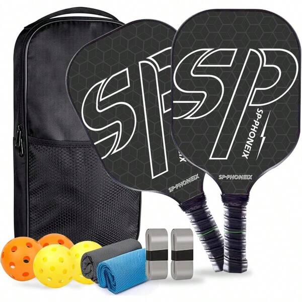 SPPHONEIX Carbon Pickleball Paddles Set Lightweight Pickleball Rackets Honeycomb Core Carbon Fiber Surface Comfort Grip 2 Pack Lightweight 4 Ball 2 Paddles 2 Grip Tape