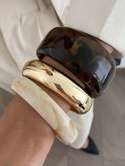 1 pieza/Set de 3 piezas Brazalete de metal y resina con arco geométrico bohemio liso, elegante y elegante para uso diario, casual, fiesta, cita de pareja, vacaciones de mujer, regalo de joyería versátil