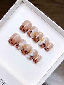 10 Pieces Of Pure Handmade Wearable Nails With Square Nail Shape, Hand-Painted Leopard Pattern Nails, High-Quality Simple Design Nails, Full Coverage Nails, Y2K Nails - Multicolor - View 4