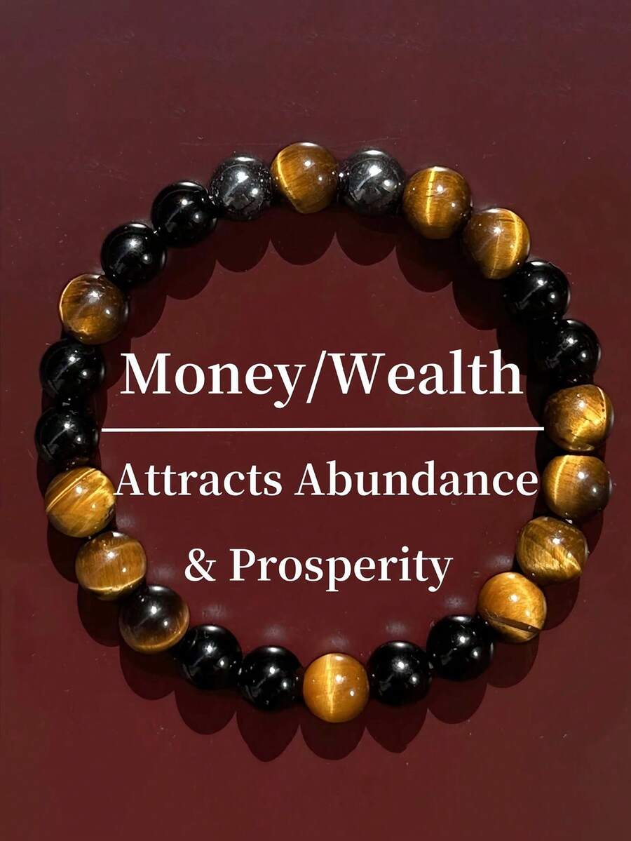 YAUKIA 1pc Men's Retro Style Tiger's Eye And Black Onyx Beaded Bracelet Good Luck And Wealth Symbolic Gift Bracelet For Friend - Multicolor - View 1
