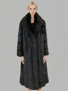 Chic Women's Black Faux Fur Coat Loose Fit Long Length Regular Long Sleeve Fuzzy Detail Waterfall Neckline