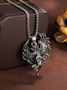 1件装暗黑天使吊坠项链，男女皆宜的朋克复古不锈钢项链饰品 - 復古銀色 - 查看 7