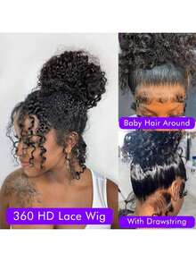 ZHENDEFA Jerry Curly 360°蕾丝前假发，真人发丝，升级版隐藏式绑带，360°高清透明蕾丝假发，带抽绳，预先拔毛，带婴儿发，女士款，自然黑 - SNatural - 查看 4