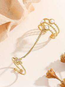 1PC Fashionable Unique Personalized Finger-Linked Stainless Steel Gold-Plated Open Adjustable Ring For Women Exquisite Waterproof Daily Wedding Party Jewelry Gift