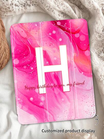 Marble Pink 26 Letter Painted Flat Tablet Case, Customizable Text, Clear Color Printing, Built-In Pen Slot, Triple-Fold Stand, Flip Tablet Case Compatible With IPad Mini4/Mini5/Mini6/Air/Air2/9.7/10.2/10.5/Air4/Air5/10.9/Pro 11-Inch/10th/11th/IPad Air 11-In.(M2)-2024 2025 Models, Galaxy Tab A8 10.5 Inch 2022 Model, Pen Not Included