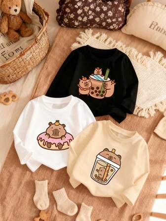 3pcs/Set Toddler Girls' Casual Printed Crew Neck Long Sleeve T-Shirts, Summer Kids Wear - Adorable Graphic Tees That Bring Joy And Happiness To Every Baby! Cute Prints Add Vibrant Colors To Life