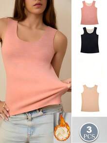 3pcs Pack Women Seamless Thermal Insulation Reversible Thermal Lined Vest, Solid Color Basic Tank Top - Mixed Colors - View 3