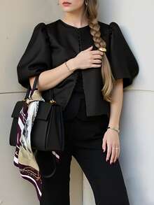 Women's Solid Color Short Sleeve Shirt, Simple Fashion Suitable For Summer - Black - View 6