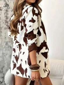 女士休闲通勤西装外套，带假口袋，长袖，秋季 - 白棕色 - 查看 3