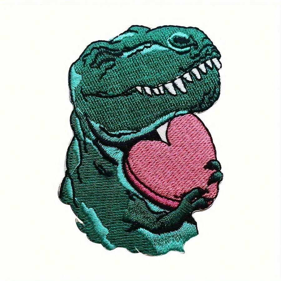 2 Adorable Green Dinosaur Patches With Pink Heart - Polyester, DIY Ironing/Sewing For Backpacks, Jeans, Bags And Clothing Accessories
