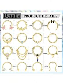 ORAZIO 16Pcs 16G Septum Rings Hoop For Women Men Surgical Steel Dangle Septum Jewelry Septum Clicker Horseshoe Nose Rings Hoop Hinged Segment Daith Helix Tragus Cartilage Earrings Piercing - 彩色 - 查看 6