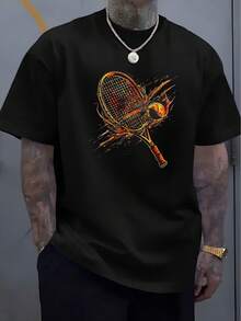 Men'S Casual Summer T-Shirt With Tennis Racket & Ball Graphic - Soft Round Neck, Lightweight & Stretchy, Perfect For Outdoor Sports Enthusiasts, Sports Casual Wear |   Graphic Tee |   Comfortable Fit, Tennis Accessories - 白色 - 查看 1