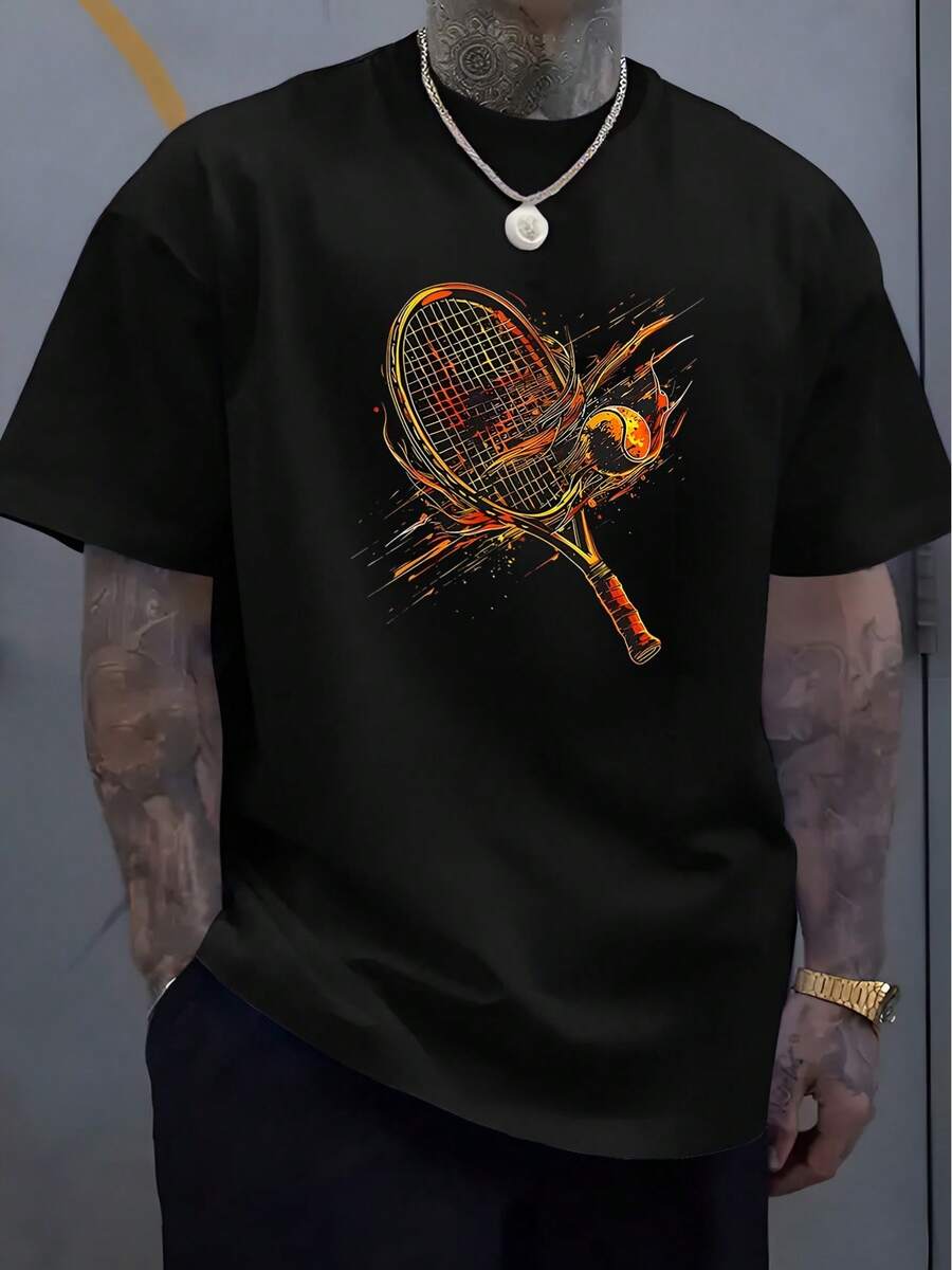 Men'S Casual Summer T-Shirt With Tennis Racket & Ball Graphic - Soft Round Neck, Lightweight & Stretchy, Perfect For Outdoor Sports Enthusiasts, Sports Casual Wear |   Graphic Tee |   Comfortable Fit, Tennis Accessories - 白色 - 查看 1