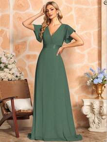 Elegante vestido de dama de honor azul con cuello en V, mangas con volantes y mariposa. Vestido de invitada para ocasiones semiformales de primavera como bodas, fiestas de cumpleaños, graduaciones, Día de San Valentín