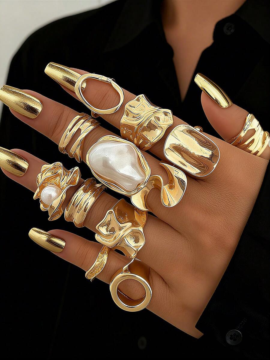 3 件套优雅复古精致派对风格人造珍珠褶边几何金属环套装，几何线条设计适合女性日常、派对、度假穿着，多功能可堆叠，是节日的完美礼物选择