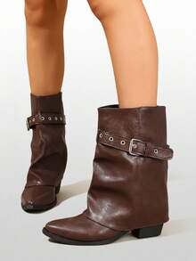 2025 Autumn/Winter New Design Slim Fit Stacked Heel Ankle Boots With Belt Buckle, Sexy Style, Black - Brown - View 4
