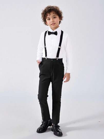 Young Boys Suits 4-Pieces Suit Set Toddler Tuxedos Dresswear Ring Bearer Outfit Wedding Pants Shirts Tie Straps Formal Suits For Formal Black Size 3-10Y