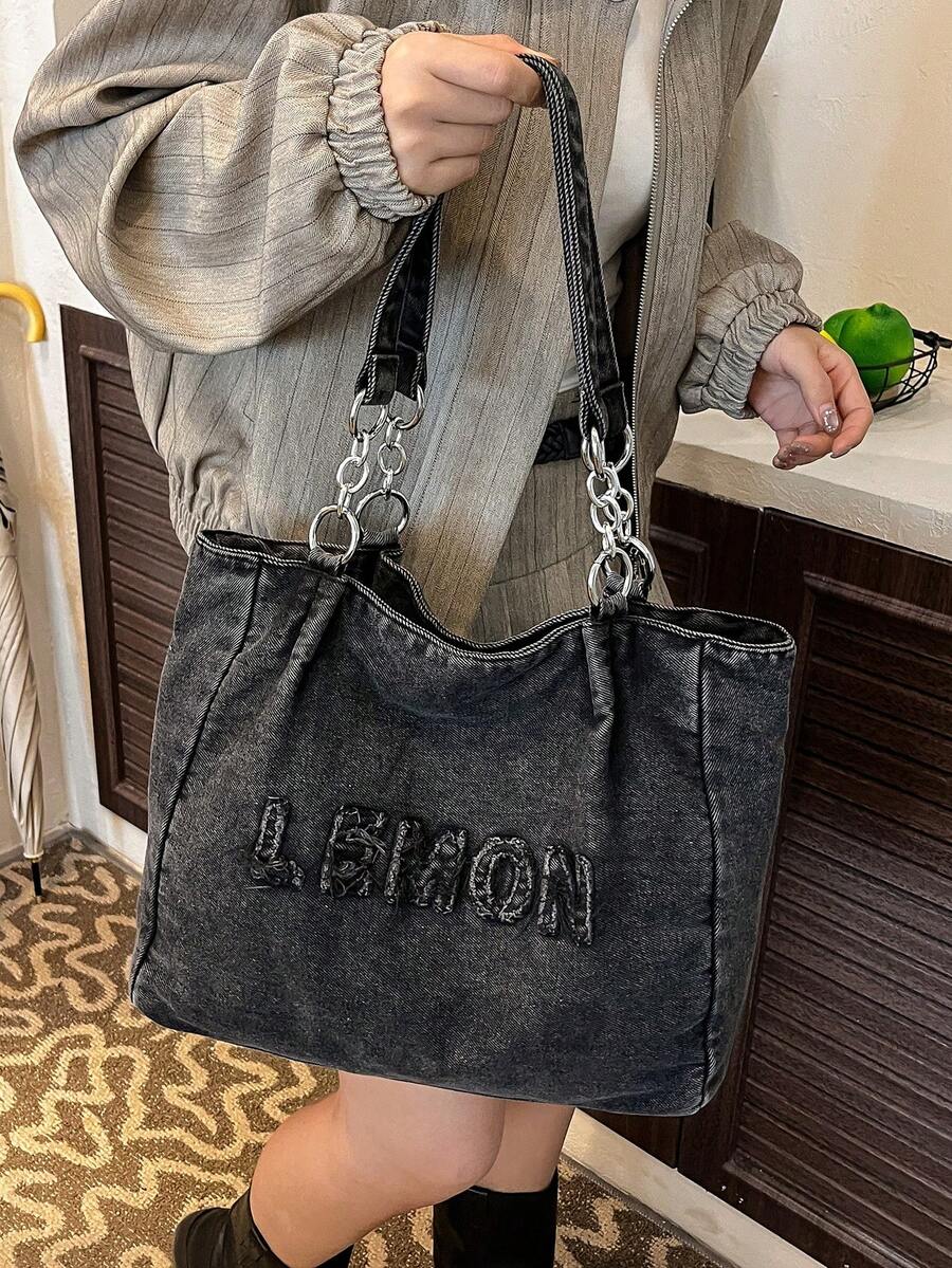 Túi Tote Denim Màu Trơn Mới, Có Trang Trí Chữ Cái Và Quai Đeo Bằng Kim Loại, Dung Tích Lưu Trữ Lớn, Khóa Kéo, Túi Đeo Vai Nữ Cổ Điển, Thích Hợp Cho Những Buổi Đi Chơi Hàng Ngày, Đi Làm Và Thu Hút Những Người Trẻ Theo Đuổi Cá Tính. - màu đen - Xem 1