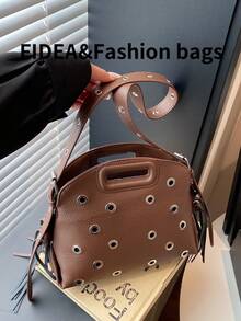 New Fashion Women's Oblique Shoulder Bag, Solid Color Minimalist Tassel High-End PU Rivet Hollow Out Decor Chic Elegant, Can Be Worn As Shoulder Or Handbag, Suitable For Dating, Shopping, Versatile And Exquisite