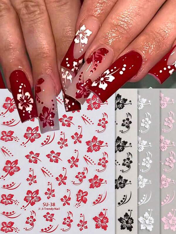 4 pièces Autocollants d'ongles 3D en forme de fleur d'hibiscus, design floral hawaïen rouge, noir, blanc, rose. Décalcomanies d'ongles mignonnes Y2K, accessoires de salon de manucure DIY