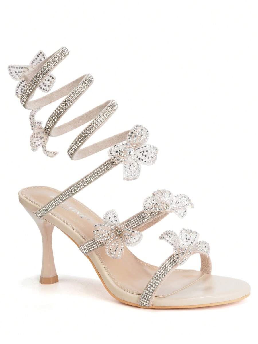 RevReaL Rhinestone Floral Lace-Up Heeled Sandals沙灘搭扣水鑽 - 米色 - 查看 1