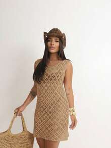 Modest Short Beach Cover-Up Dress, Knitted Crochet Stitch, Pool Style, Women's Fashion With Holes - Beige - View 2