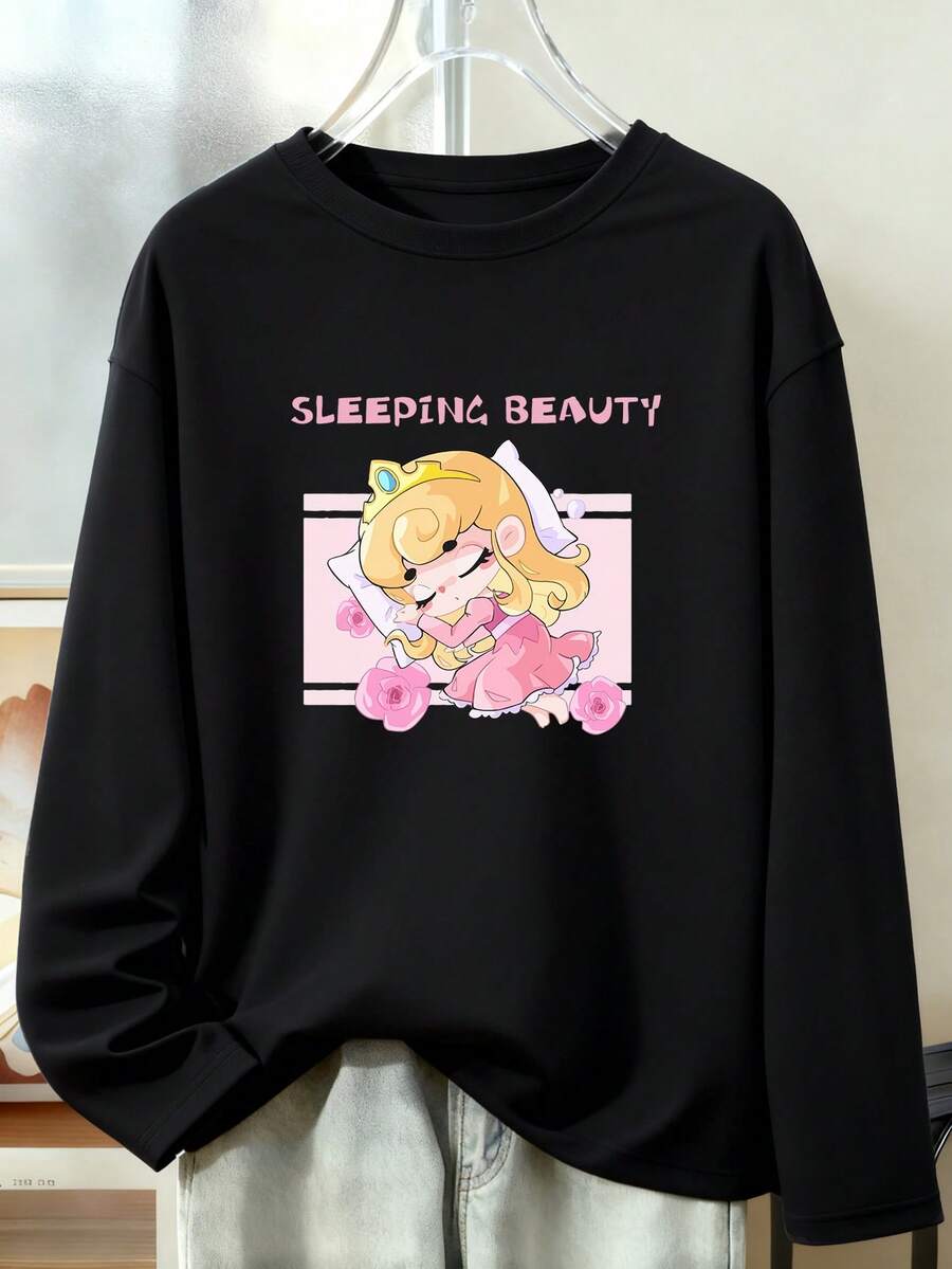 Women's Cotton Long-Sleeved T-Shirt, Disney, Stitch, Character Print, Casual And Relaxed Fit, Soft, Lightweight, Breathable, Comfortable Against The Skin, 100% Cotton - Black - View 1