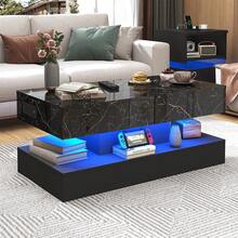 39.4"/47.2" Large Lift Top Coffee Table With Charging Station, LED Modern High Glossy Center Table With Hidden Compartment Storage, Lift Living Room Tables - 查看 1