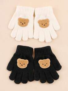 1 双儿童冬季保暖针织手指手套，男孩女孩可爱熊图案全指手套，适合 3-8 岁