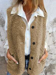 女士秋冬无袖仿毛皮休闲纯色纽扣口袋开襟背心 - 駝色 - 查看 3