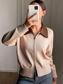 Livesso Women's Casual PU Patchwork Zipper Cardigan Sweater, Autumn - Khaki - View 2