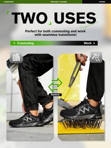 男士安全鞋，钢头运动鞋，防砸工作鞋，黑灰/宝蓝色轻便钢头安全靴，防砸防刺徒步鞋，建筑工业仓库防护低帮鞋，男女通用 - 黑灰色 - 查看 11