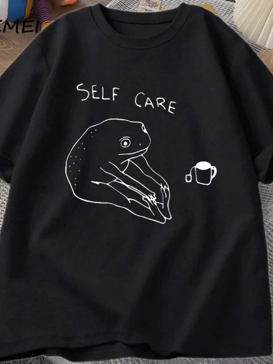 Stylish Women's Printed Self Care T-Shirt - New Release - 100% Cotton T-Shirt - Loose Oversized Plus Size T-Shirt For Stylish Women - Asphalt Vibe - 黑色 - 查看 1