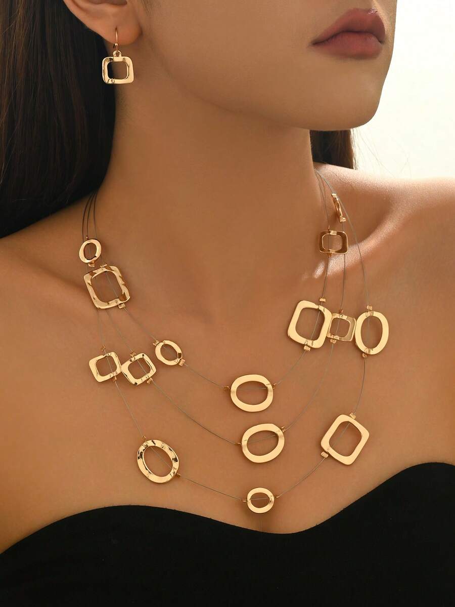 Set de 2 piezas de collar largo y aretes con cadena de suéter en forma geométrica hueca cuadrada y ovalada, versátil para otoño/invierno - Amarillo Oro - Ver 1