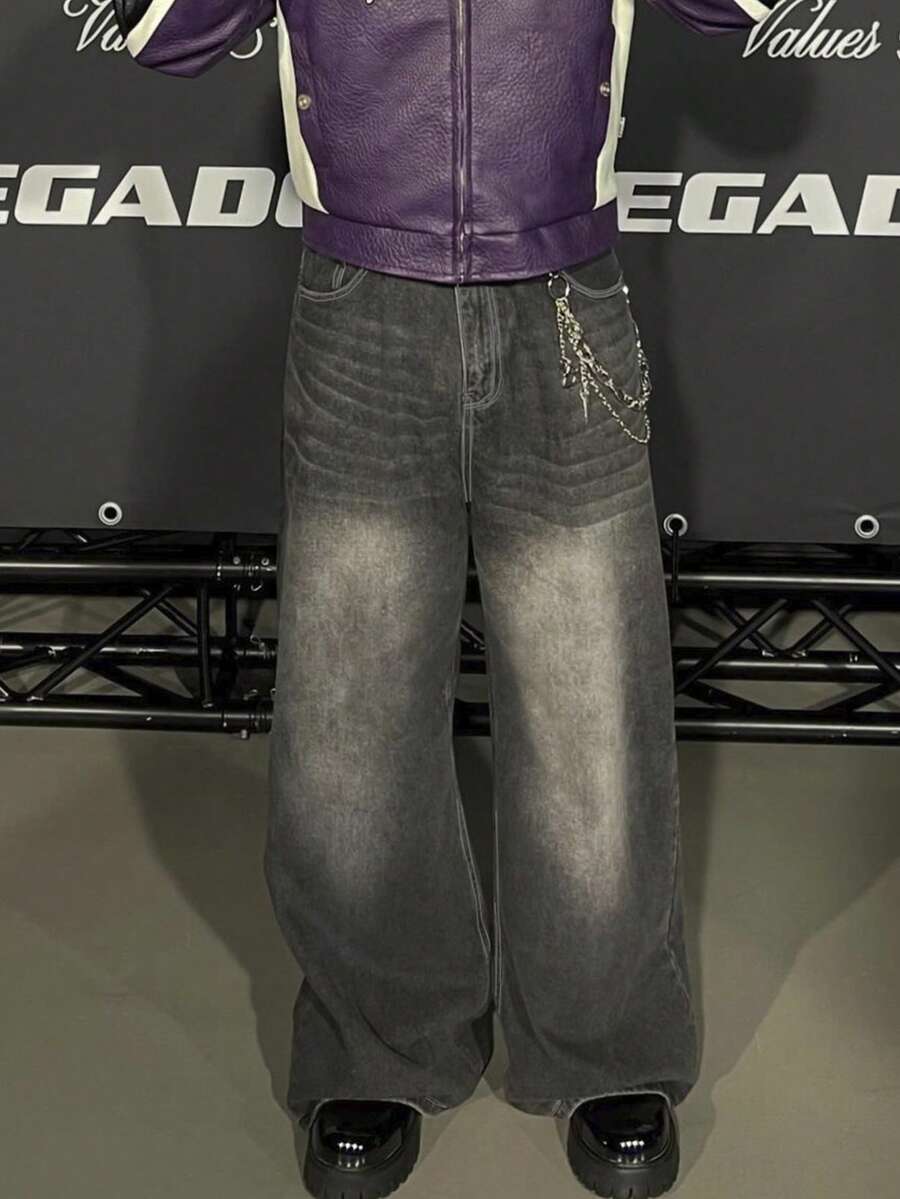 HEHCN Men's Relaxed Fit Distressed Vintage Washed Gray Straight Leg Casual Jeans, Wide Leg Pants, Suitable Gift For Husband/Boyfriend