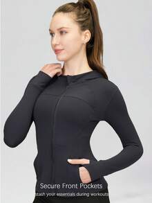 Women's Spring/Summer Hooded Sports Jacket, Winter Women's Jacket, Fashionable Yoga, Outdoor Running, Commuting, Elastic Comfort, Back Shaping, Abdominal Shaping, Slimming And Fitness, Running Sportswear, Zipper Elasticity, Minimalist Fashion, Sexy, Slim Fit, Long Sleeved Yoga Jacket - 藏蓝色 - 查看 5