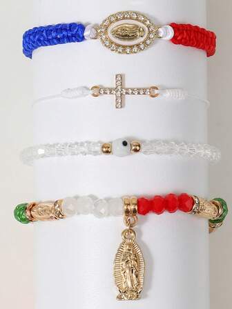 四件套时尚墨西哥系列十字架圣母玛利亚手链，附卡片，红、白、绿、蓝编织手链，可调节女士手链