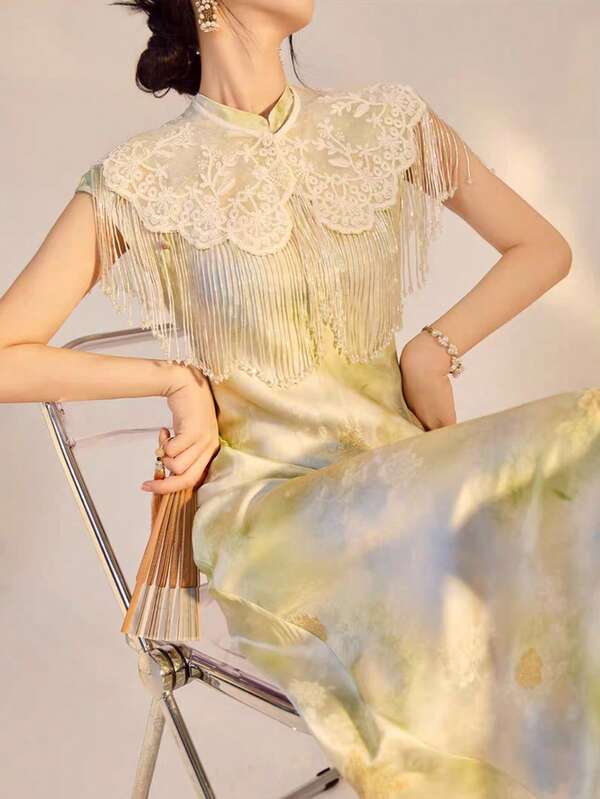 1 Stück schwer bestickter Glasperlen-Quasten Cheongsam Schultertuch, Spitzen-Häkelei Rüschen einfarbiger Retro-Spitzen-Bolero Kragen