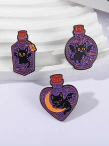 3pcs Magic Cat Enamel Pin Custom Black Cat Magic Potion Brooch Collar Badge Gothic Animal Brooch Halloween Gift For Friends - Multicolor - View 8