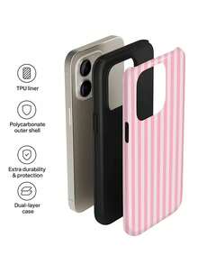 Pink 1pc Minimalist Striped Pattern Glossy 2-In-1 Filmstrip Phone Case, Compatible With Samsung/ 11/12/13/14/15/16/17 Pro Max - Multicolor - View 6