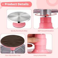 10 Pulgadas Soporte Giratorio para Pasteles, Bordes Redondeados Plato Giratorio Duradero para Decoración de Pasteles, Aleación de Aluminio, Base giratoria para pastel, Soporte Giratorio para Decoración de Pasteles, Rodamiento Silencioso, Plato Giratorio Resistente para Decoración de Pasteles - Rosa - Ver 3