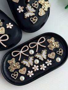 22pcs Elegant Gold Pearl Hole Shoe Charms Set - Butterfly, Heart & Teddy Bear Decor, Hollow Out Clogs Accessories - Gold - View 3
