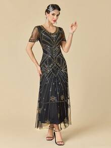 女士复古20年代V领亮片串珠晚礼服，适合婚礼穿着 - 金色 - 查看 4