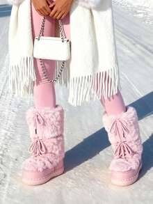 Faux Fur Boots For Women Winter Snow Boots Platform Lace Up Round Toe Boots Warm Snow Shoes Fluffy Winter Boots - Hồng - Xem 7