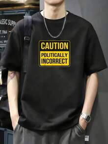 Precaución: Políticamente incorrecto Camiseta de manga corta de algodón de 220 g, impresión por una cara - Negro - Ver 1