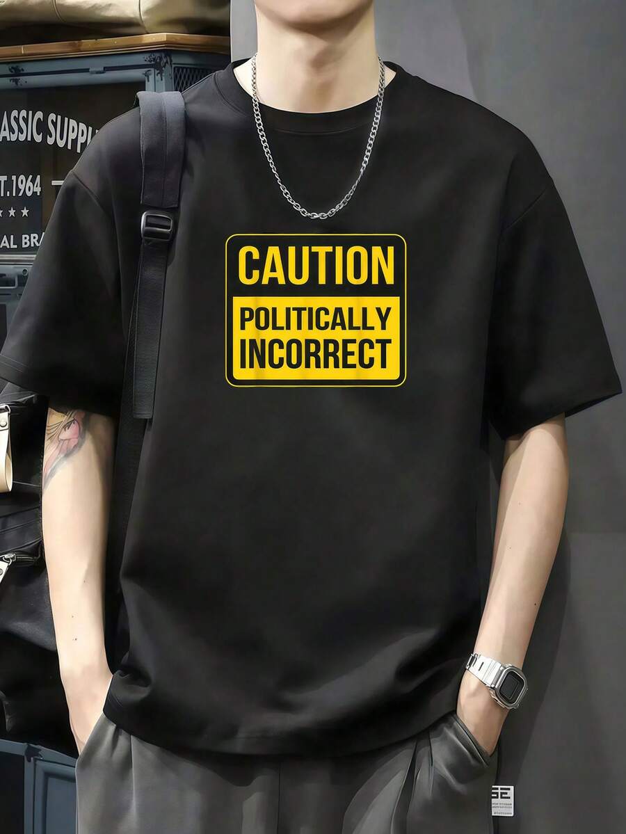 Precaución: Políticamente incorrecto Camiseta de manga corta de algodón de 220 g, impresión por una cara - Negro - Ver 1