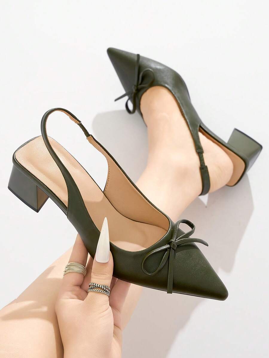 Giày cao gót mũi nhọn hở ngón, màu trơn, trang trí nơ cho nữ, giày cao gót hở gót thoải mái, thanh lịch khi đi làm hàng ngày, tiệc tùng, những dịp trang trọng, thích hợp cho mùa thu/đông, màu xanh quân đội