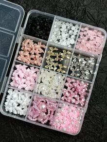12格盒装混合树脂仿珍珠蝴蝶结、心形、迷你花卉装饰，适用于DIY美甲配件、多功能可爱美甲用品、美甲饰品、美甲宝石 - 彩色 - 查看 3